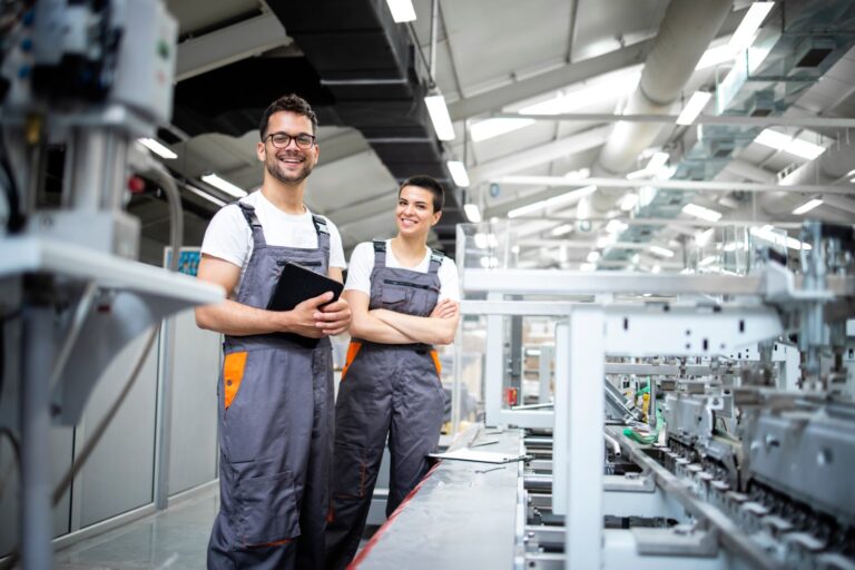 Mitarbeitende an der Fertigungslinie steuern eine Maschine