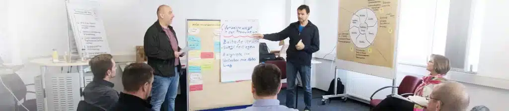 Trainer moderiert eine Gruppendiskussion