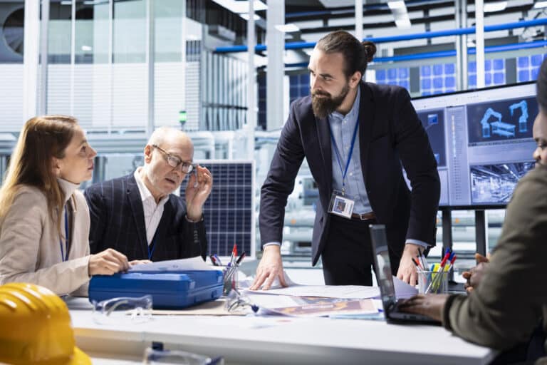Team bespricht Unterlagen und Kennzahlen in der Produktion