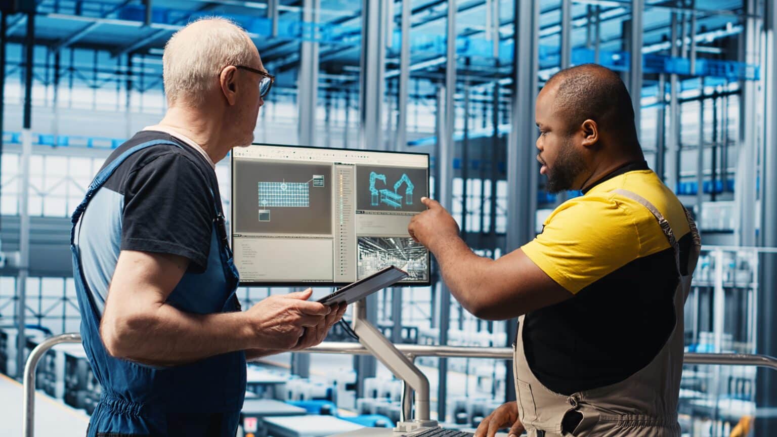 Digitalisierung und Transparenz: zwei Mitarbeitende werten gemeinsam Anlagendaten am Bildschirm aus