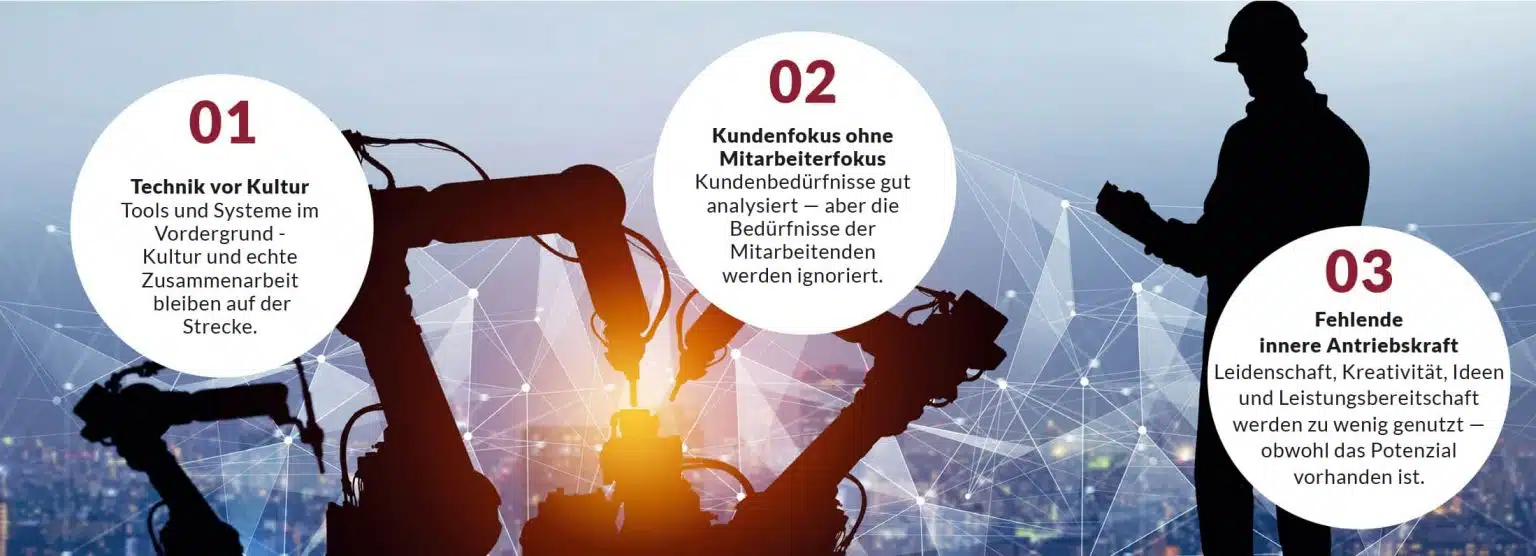 Grafik zu den drei blinden Flecken in Organisationen: 01 Technik vor Kultur, 02 Kundenfokus ohne Mitarbeiterfokus, 03 Fehlende innere Antriebskraft