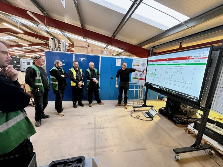 Produktionsteam im Shopfloor-Meeting vor dem Leonardo SmartScreen